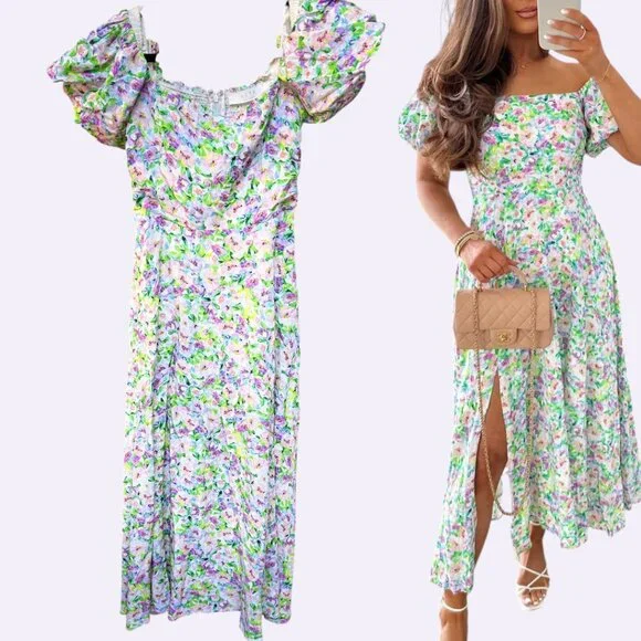 ASTR THE LABEL PUFF SLEEVE FLORAL SMOCKED MIDI DRESS SIZE SMALL EUC - Picture 2 of 3